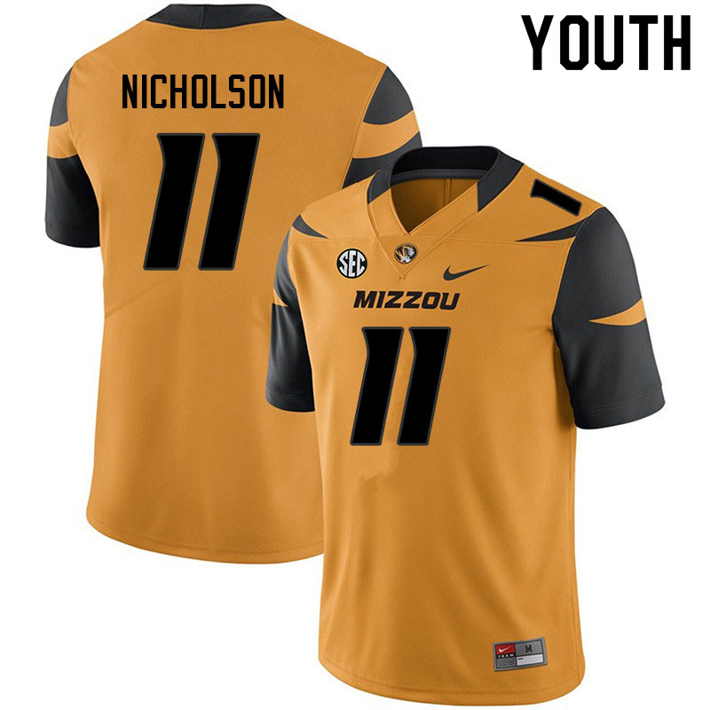 Youth #11 Devin Nicholson Missouri Tigers College Football Jerseys Sale-Yellow - Click Image to Close